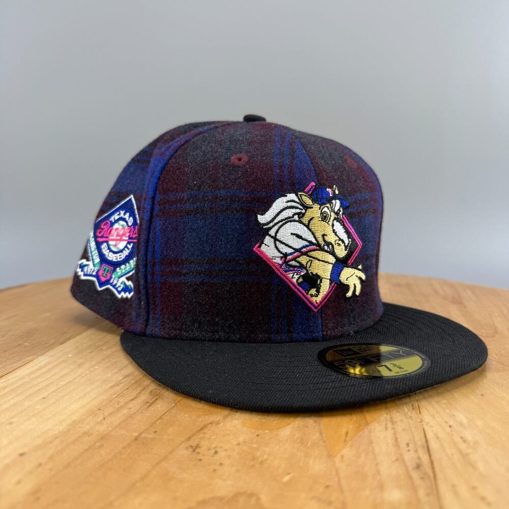 7 3/8 - Texas Rangers MLB Plaid New Era 59Fifty Mascot Fitted Hat Patch Mens NEW